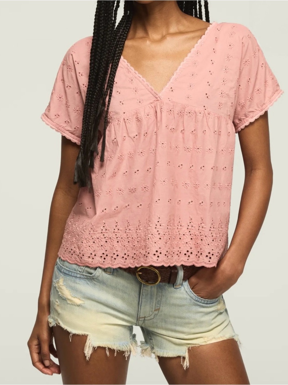 Lucky Brand Pink Eyelet Babydoll Top